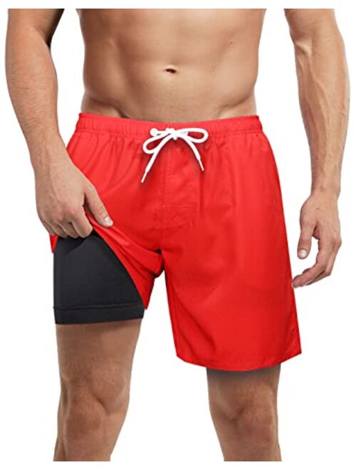 LUCOWEE Mens Swim Trunks with Compression Liner Anti Chafe no Mesh Net Comfort Boxer Brief Lined 5/7 inch Inseam Bathing Suit