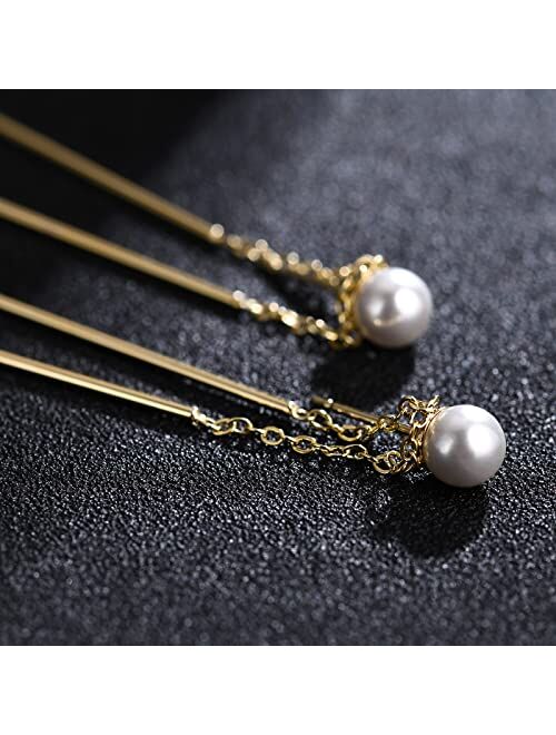 NOKMIT 14K Gold Threader Earrings Cruved Long Thin Wire Drop Dangle Earrings for Women Girls Lightweight Jewelry Gifts