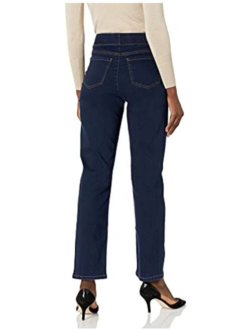 Kasper Women's Pull on Straight Leg Polsihed Denim Pant with Back Pocket Top Stitch Detail