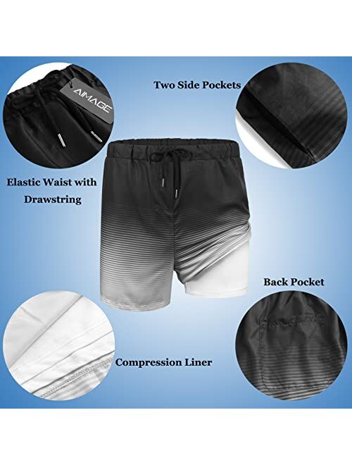 AI'MAGE Men's Swim Trunks Compression Liner Quick Dry Beach Board Swim Shorts Summer Striped Bathing Suits with Pockets