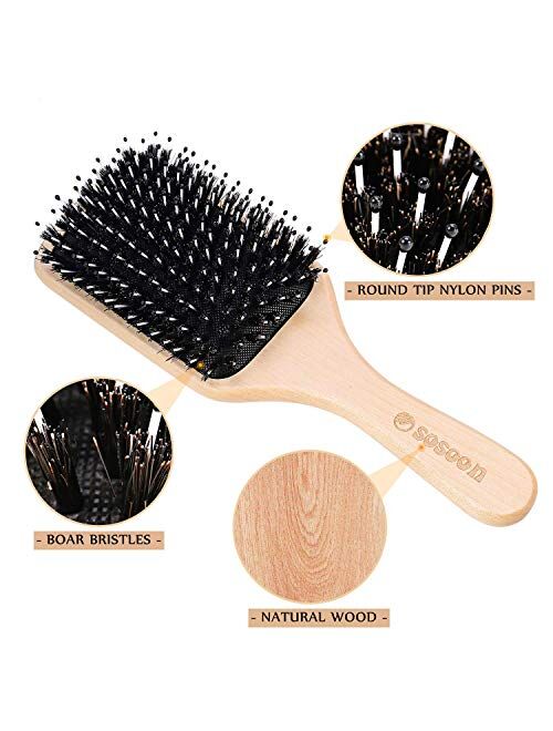 Hair Brush, Sosoon Boar Bristle Paddle Hairbrush for Long Short Thick Thin Curly Straight Wavy Dry Hair for Men Women Kids, No More Tangle, Giftbox & Tail Comb Included