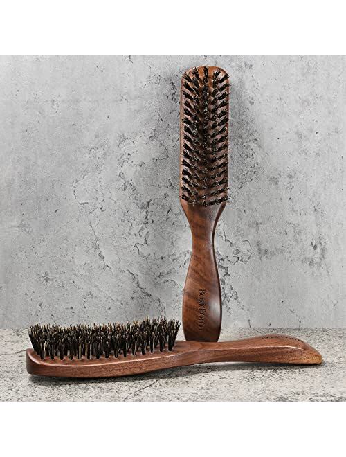 BasicForm Wild Boar Bristle Hair Brush for Men, Stiff Bristles, with Black Walnut Wooden Handle for Thick Hair