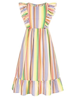 Girl's Casual Rainbow Striped Ruffle Short Sleeve Flounce Summer Beach Flowy Midi Dress