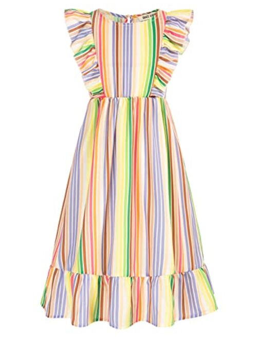 Grace Karin Girl's Casual Rainbow Striped Ruffle Short Sleeve Flounce Summer Beach Flowy Midi Dress