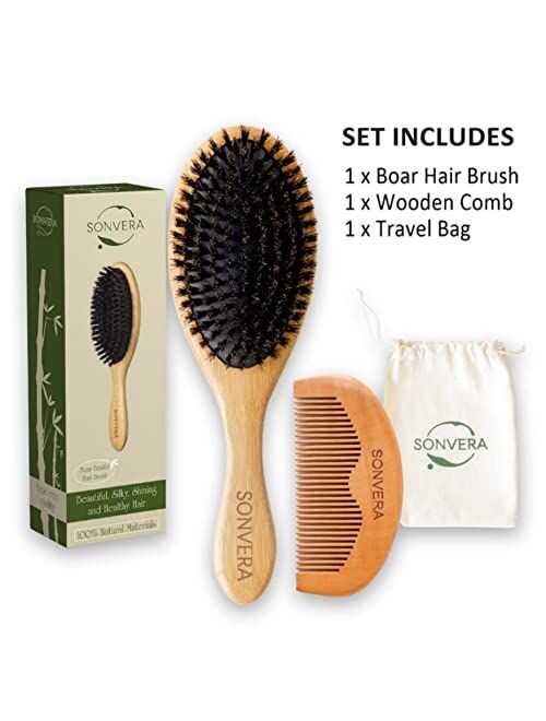 Sonvera Boar Bristle Hair Brush for Men Natural Hair Brushes for Women Pure Boar Bristle Brush Mens Hair Brush Set Boars Hair Brush Oval Wooden Bore Bamboo Hairbrush Adds