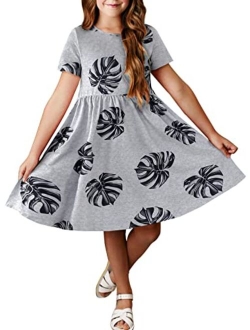 Sidefeel Girls Cute Summer Short Sleeve Floral Print Sundress Summer Casual Mini Dresses 4-13 Years