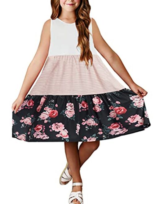 Sidefeel Girls Cute Summer Short Sleeve Floral Print Sundress Summer Casual Mini Dresses 4-13 Years