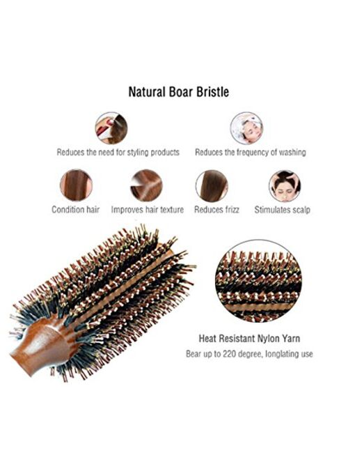 Minalo Styling Essentials 100% Natural Boar Bristles Hair Brush With Wood Handle, Round Comb Ruled 2.2-Inch