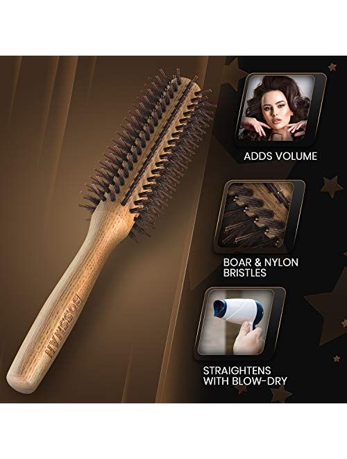 Bossman 2" Round Boar & Nylon Bristle Hair Brush for Blow Dryer, Styling, Curling, Detangling and Straightening