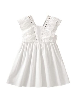 Girl's Ruffle Cap Sleeve V Neck Eyelet A Line Ruffle Party Dress