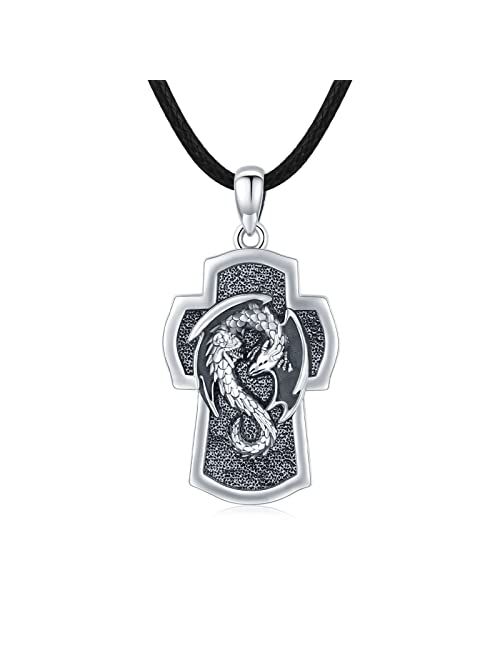 Waysles Dragon Necklace for Men Eboy 925 Sterling Silver Celtic Knot Dragon Pendant Necklace Cross Dragon Necklace for Boyfriend Boys Women Irish Vintage Wiccan Necklace 