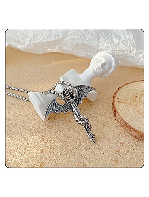 Fusamk Punk Animal Pendant Titanium Steel Sword Wing Dragon Necklace