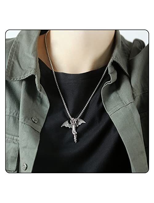 Fusamk Punk Animal Pendant Titanium Steel Sword Wing Dragon Necklace