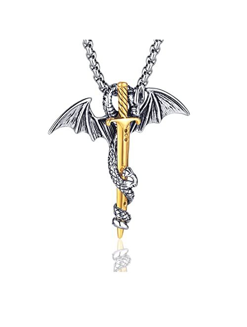 Fusamk Punk Animal Pendant Titanium Steel Sword Wing Dragon Necklace