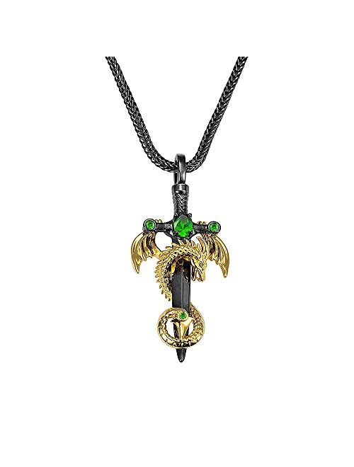 Cherbijou Dragon Sword Necklace Cool Dragon Pendant for Men Copper Punk Dragon Wing Necklace Silver Sword and Black Dragon Cross Pendant Birthstone Necklace for Boys