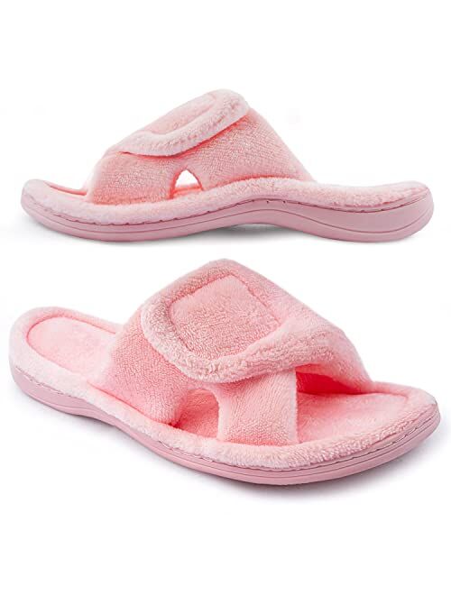 Git-Up Women's Adjustable Diabetic Slippers Memory Foam House Shoes Cozy Arch Support Orthotic Heel Cup Arthritis Edema Slippers Non Slip Rubber Sole, Open Toe Fuzzy Slid