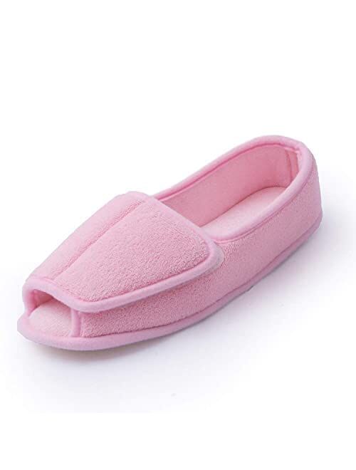 Git-up Diabetic Slippers for Women Memory Foam Arthritis Edema Adjustable Open Toe Swollen Feet Slippers Bedroom House Indoor Outdoor Shoes with Rubber Sole