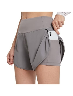 Women's 2 in 1 Running Athletic Shorts with Liner Lightweight Quick-Dry Workout Active Yoga Shorts with Pockets