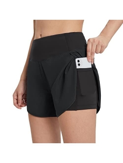 Women's 2 in 1 Running Athletic Shorts with Liner Lightweight Quick-Dry Workout Active Yoga Shorts with Pockets