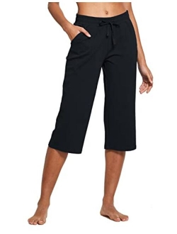 Women's Capris Casual Summer Cotton Yoga Wide Leg Lounge Athletic Jersey Walking Loose Workout Capri Pants Pocketed