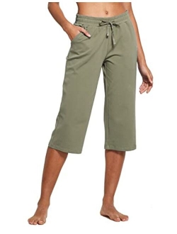 Women's Capris Casual Summer Cotton Yoga Wide Leg Lounge Athletic Jersey Walking Loose Workout Capri Pants Pocketed