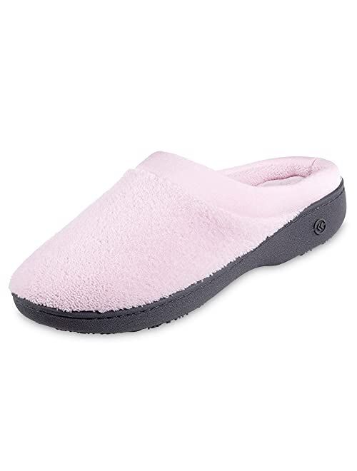 isotoner Women's Terry and Satin Slip on Cushioned Slipper with Memory Foam for Indoor/Outdoor Comfort