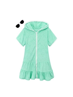 LUCKYGAL Girls Swim Cover Up Kids Swimsuit Coverup Terry Zip-Up Beach Bathing Suit Robe with Sunglasses