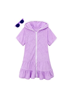 LUCKYGAL Girls Swim Cover Up Kids Swimsuit Coverup Terry Zip-Up Beach Bathing Suit Robe with Sunglasses