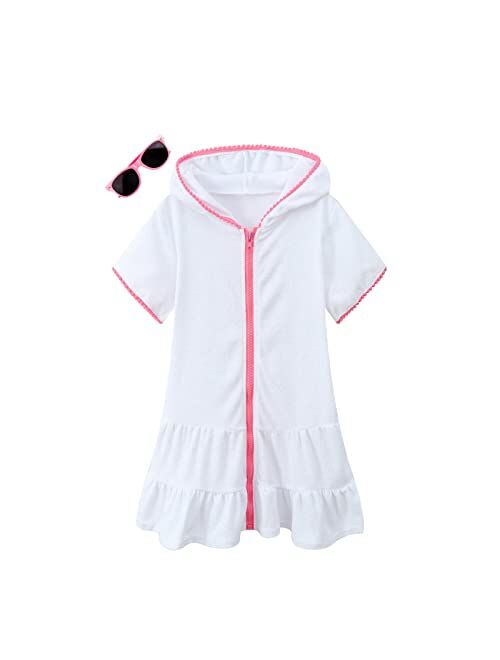 LUCKYGAL Girls Swim Cover Up Kids Swimsuit Coverup Terry Zip-Up Beach Bathing Suit Robe with Sunglasses