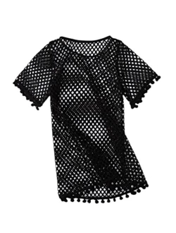 Girl's Short Sleeve Beach Swimwear Crochet Scoop Neck Swimsuit Coverup Dress