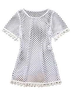 Girl's Short Sleeve Beach Swimwear Crochet Scoop Neck Swimsuit Coverup Dress