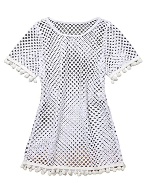 SheIn Girl's Short Sleeve Beach Swimwear Crochet Scoop Neck Swimsuit Coverup Dress