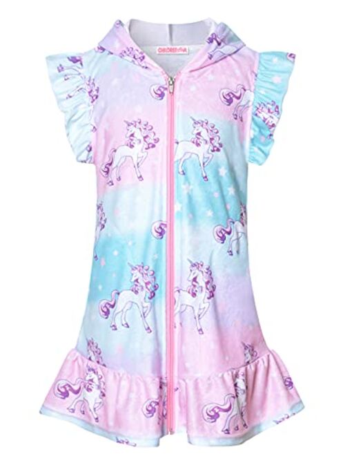 CHILDRENSTAR Girls Swim Coverups Terry Swimsuit Coverup Zip-Up Beach Flutter Sleeve Robe