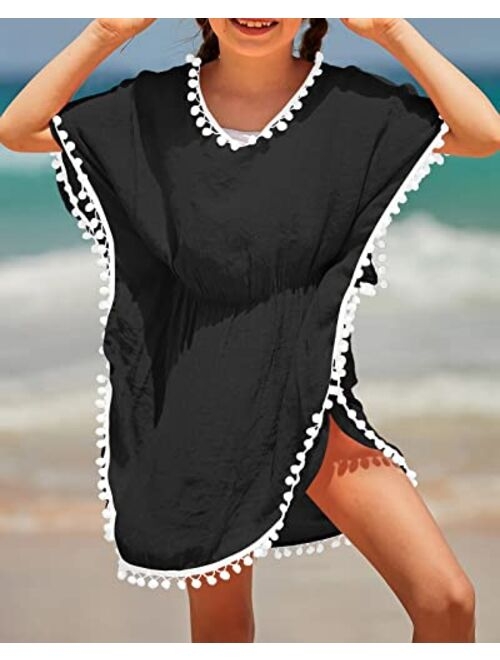 Eurivicy Girl's Swim Cover Up Kids Summer Swimwear Beach Dress Swimsuit Wraps with Pom Pom Trim