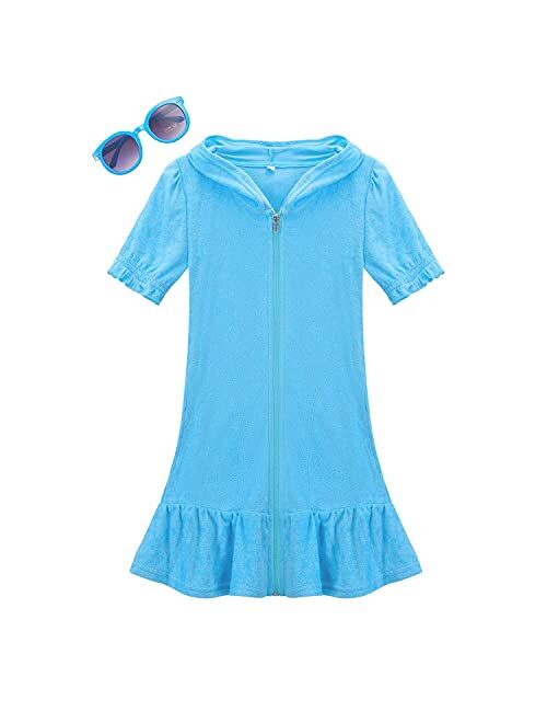 YIFURDAK Girls Terry Swim Cover Ups Swimwear Cover Up with Sunglasses Hooded Zip Puff Sleeve Cover-ups