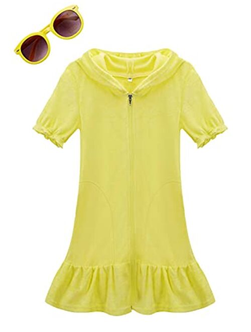 YIFURDAK Girls Terry Swim Cover Ups Swimwear Cover Up with Sunglasses Hooded Zip Puff Sleeve Cover-ups