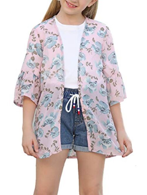 GORLYA Girl's Floral Print Chiffon Beach Cardigan Cover ups Kids Casual Kimono Capes Swimsuit Wraps