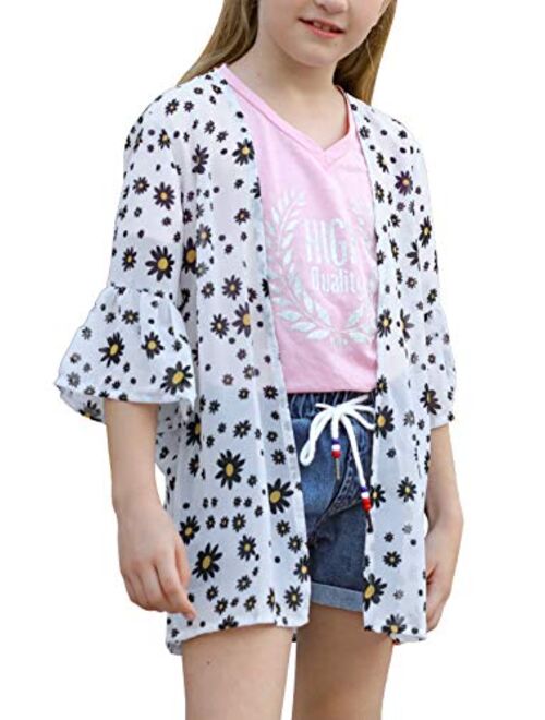 GORLYA Girl's Floral Print Chiffon Beach Cardigan Cover ups Kids Casual Kimono Capes Swimsuit Wraps