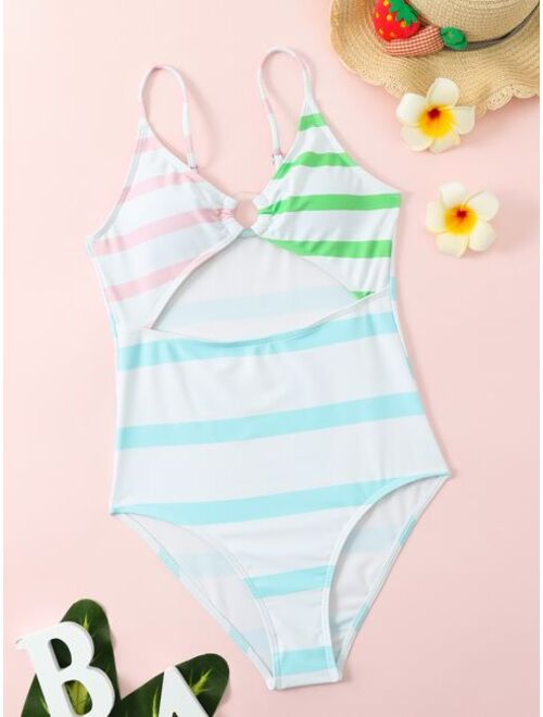 Buy Shein Teen Girls Striped Cut Out One Piece Swimsuit online | Topofstyle