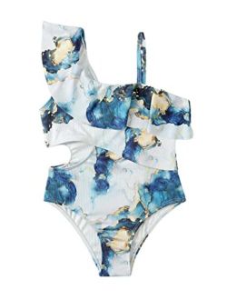 Girl's Cute Marble Print Cutout One Piece Swimsuit Ruffle Bathing Suit