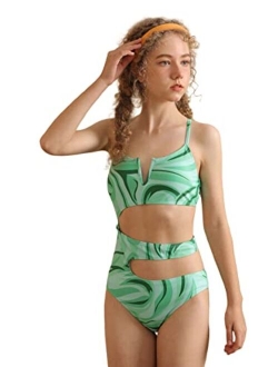 Girl's Printed Cut Out Monokini Spaghetti Strap One Piece Swimsuit