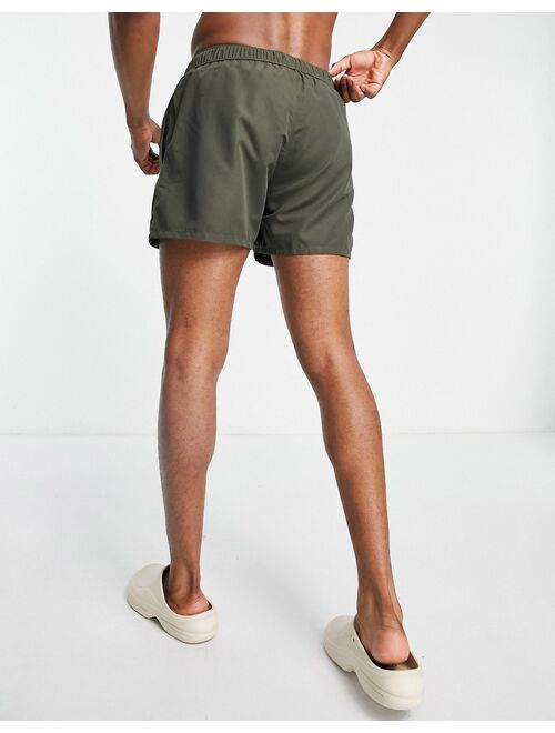 ASOS DESIGN swim shorts in khaki short length