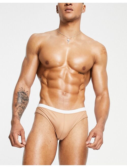 ASOS DESIGN swim briefs in beige with contrast white tipping