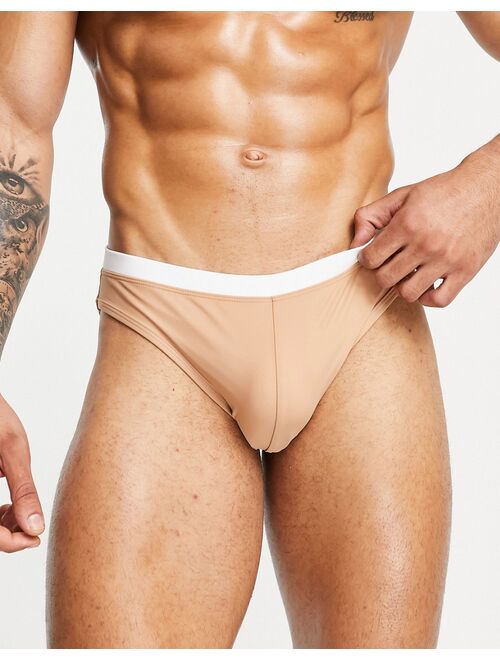 ASOS DESIGN swim briefs in beige with contrast white tipping