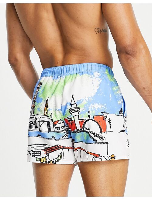 ASOS DESIGN swim shorts with landscape print short length