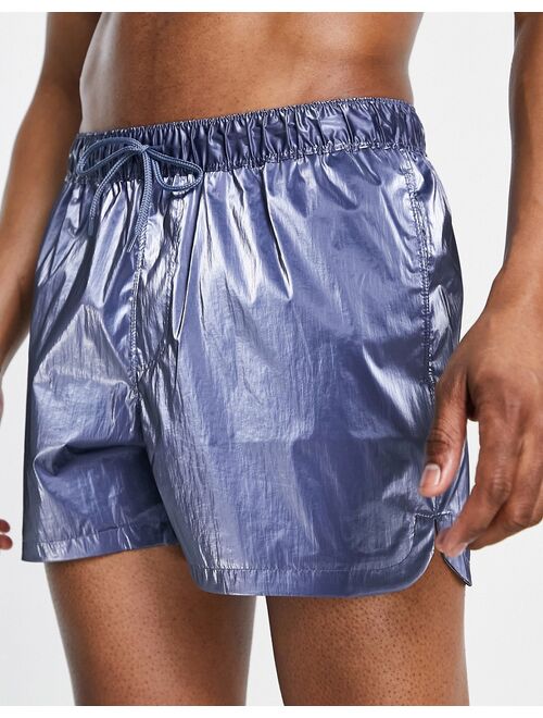 ASOS DESIGN swim shorts in blue metallic with curved hem short length