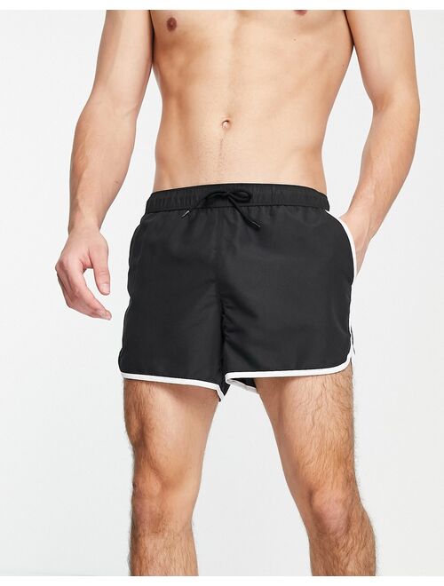 ASOS DESIGN runner swim shorts in black with contrast white piping