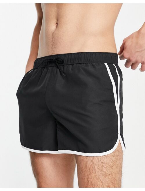 ASOS DESIGN runner swim shorts in black with contrast white piping