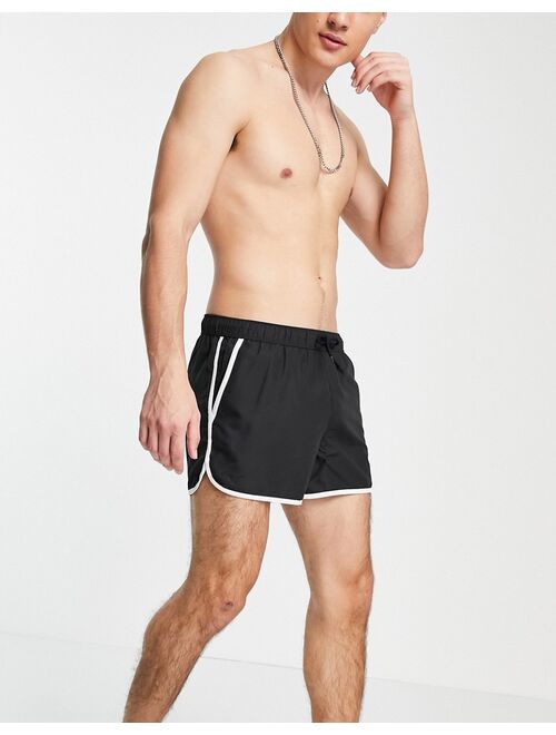 ASOS DESIGN runner swim shorts in black with contrast white piping