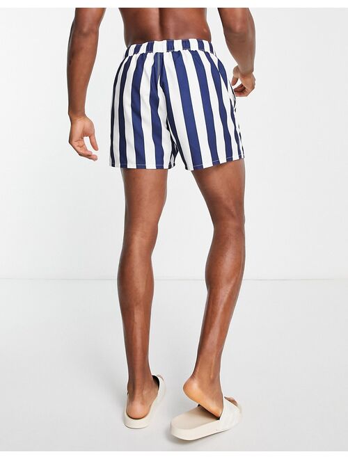 ASOS DESIGN swim shorts in navy stripe with lemon print in short length